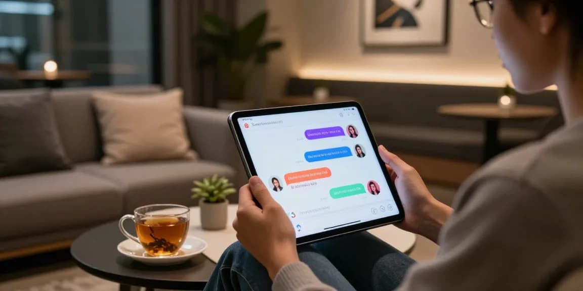 User engaged in AI porn chat on a tablet in a cozy modern lounge.