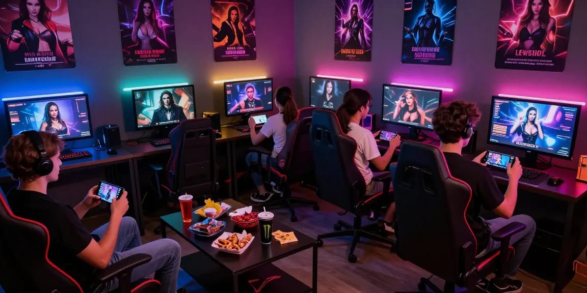 Players enjoying various interactive porngame experiences in a vibrant gaming environment