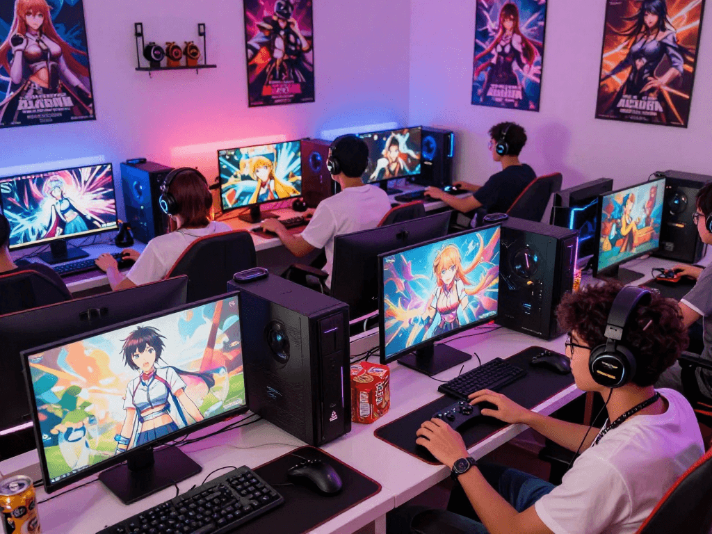 Engaging scene of players enjoying hentai games in a cozy gaming lounge.