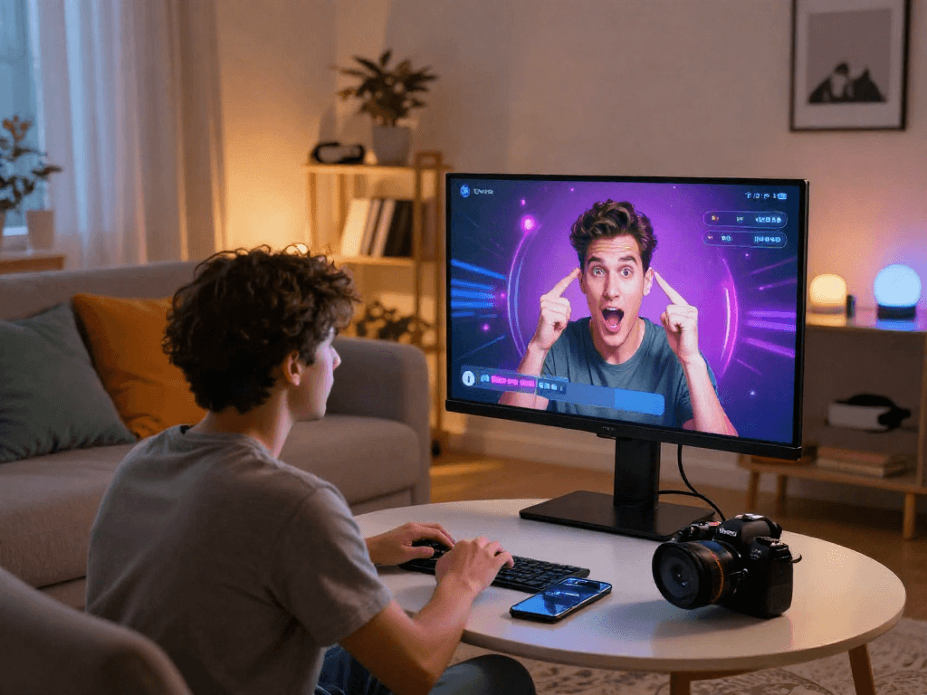 User engaging in AI porn chat interaction in cozy home setting with vibrant technology elements.