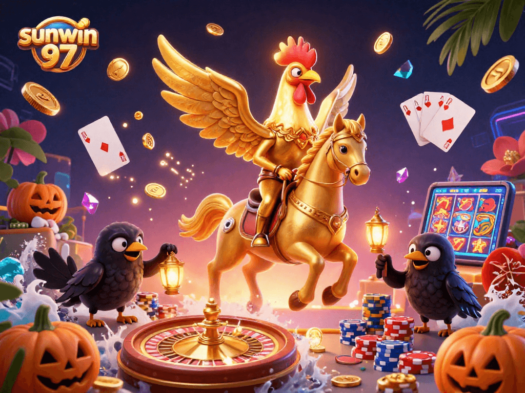 Experience thrilling wins at sunwin 97 with golden symbols and vibrant casino elements alive in a dynamic scene.