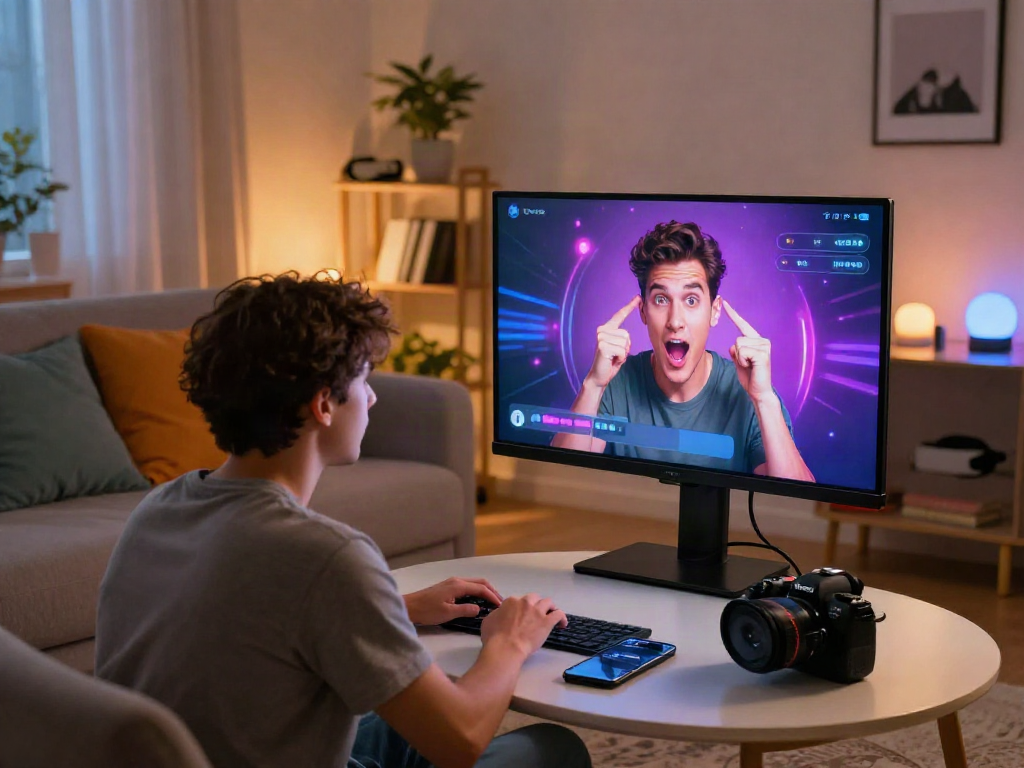 User engaging in AI porn chat interaction in cozy home setting with vibrant technology elements.
