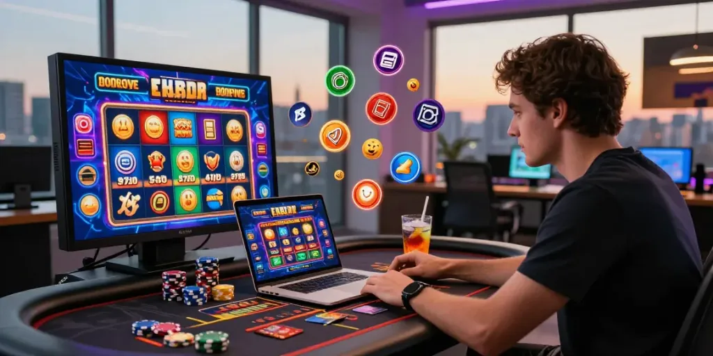 Excited player enjoying credit card casinos at a digital gaming table surrounded by vibrant graphics and neon lights.