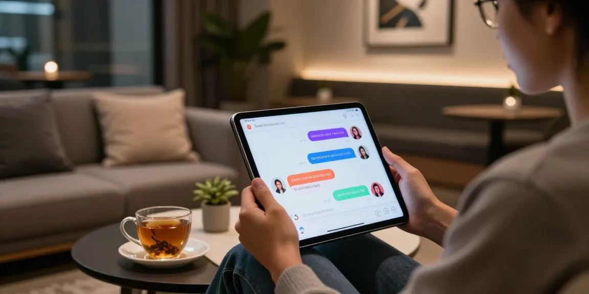 User engaged in AI porn chat on a tablet in a cozy modern lounge.
