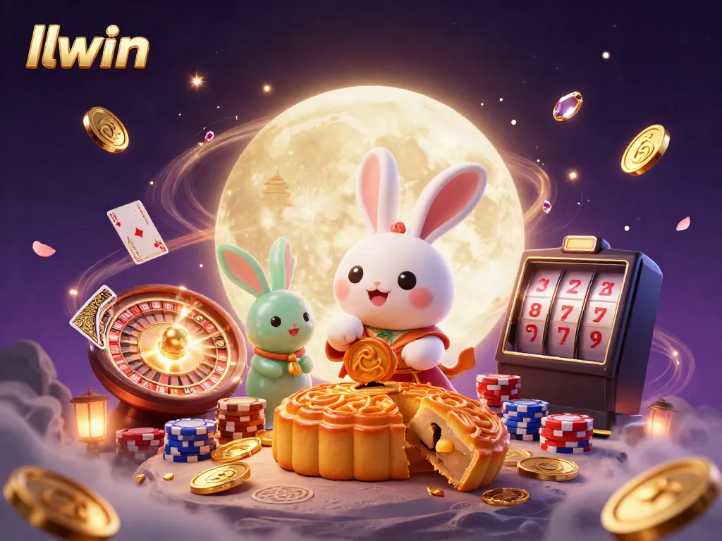 Experience the thrilling world of llwin as the moon rabbit pounds mooncakes revealing poker chips amidst a dazzling casino scene.