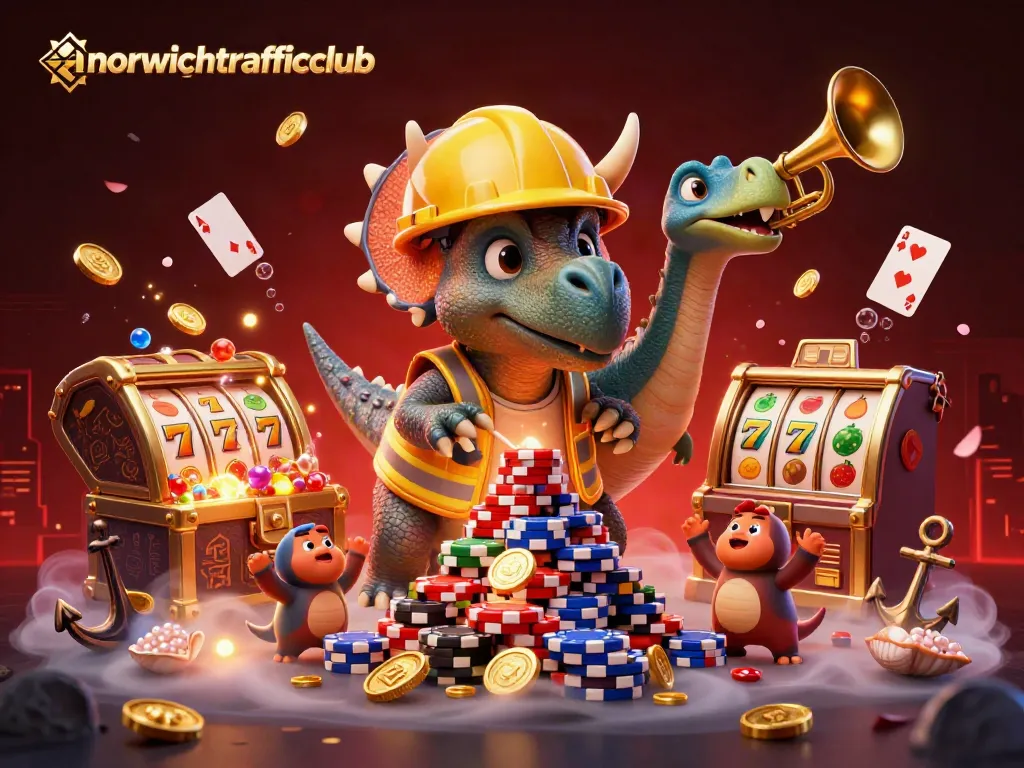 Engage with norwichtrafficclub through a vibrant 3D casino celebration featuring a triceratops and rich gaming elements.