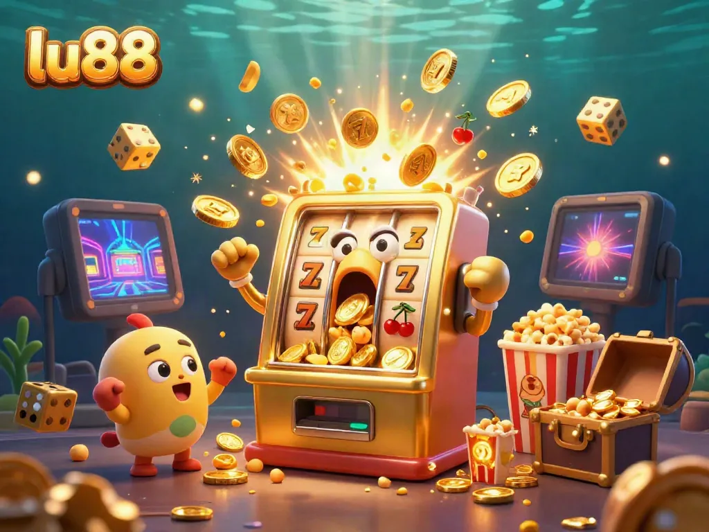 lu88 jackpot scene with a surprised golden slot machine bursting coins and cheering baby slots.