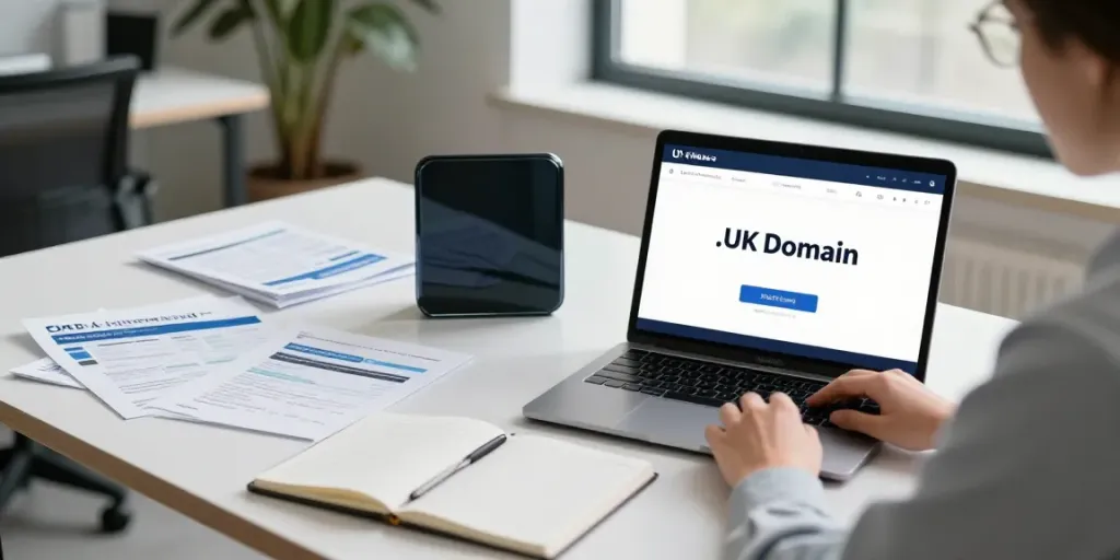 Focused individual searching for .uk domain registration in a modern office
