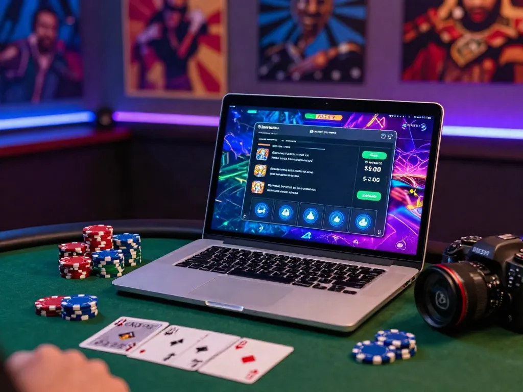 Engaged player exploring DEBET gaming features on laptop in a vibrant environment.