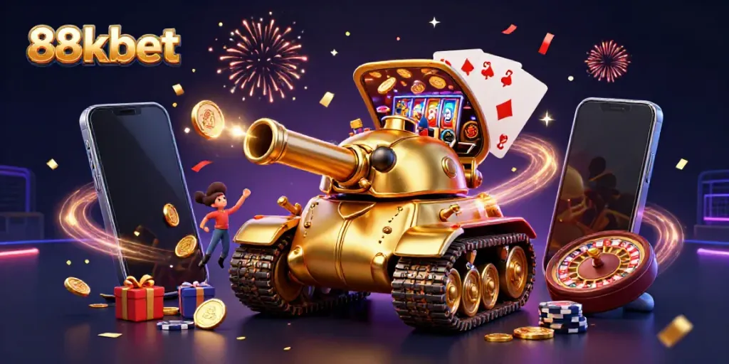 Engage in the vibrant world of 88kbet with an explosive casino-themed illustration showcasing excitement and winning potential.
