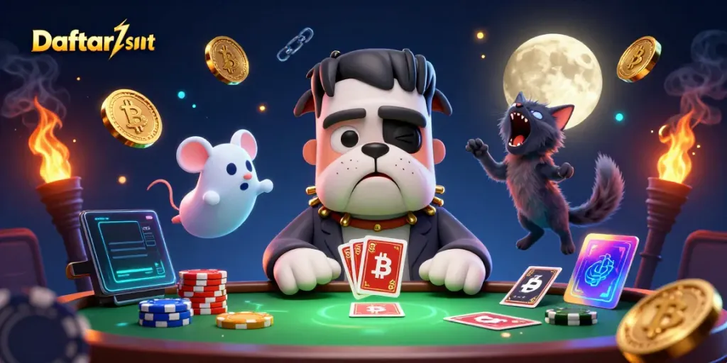 Engaging scene of Daftar balisot showcasing a cartoon bulldog at a casino table, surrounded by playful thematic elements.