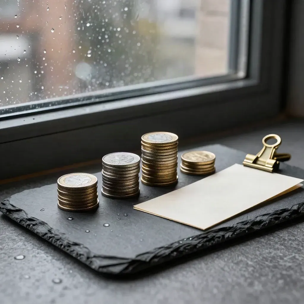 Rain-dark tray with coin stacks, card sleeve and brass clip by a window ledge.