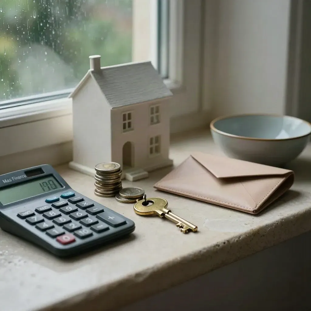 Rain-lit finance objects on pale stone: calculator, key, coins, house model, and leather wallet.