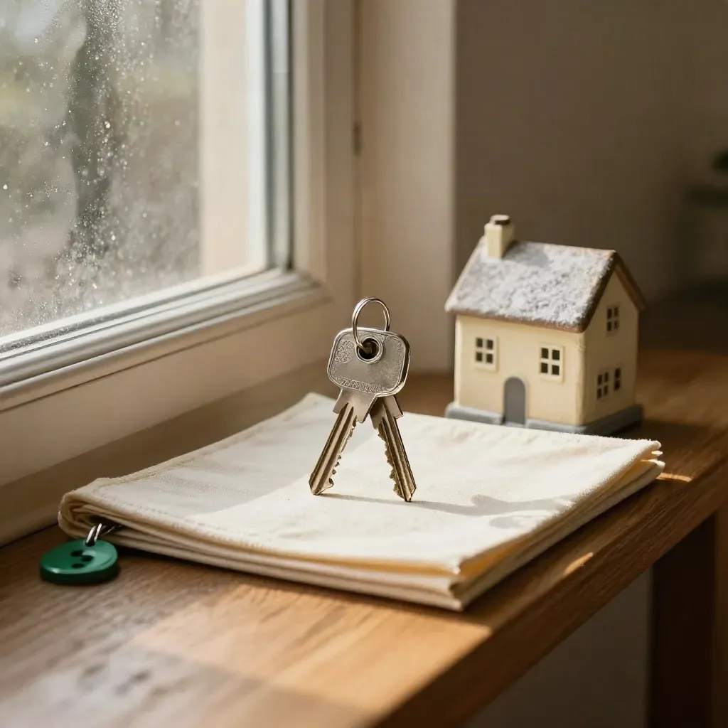 Key ring, plaster house model and folded folder on a hallway bench by a frosted window.