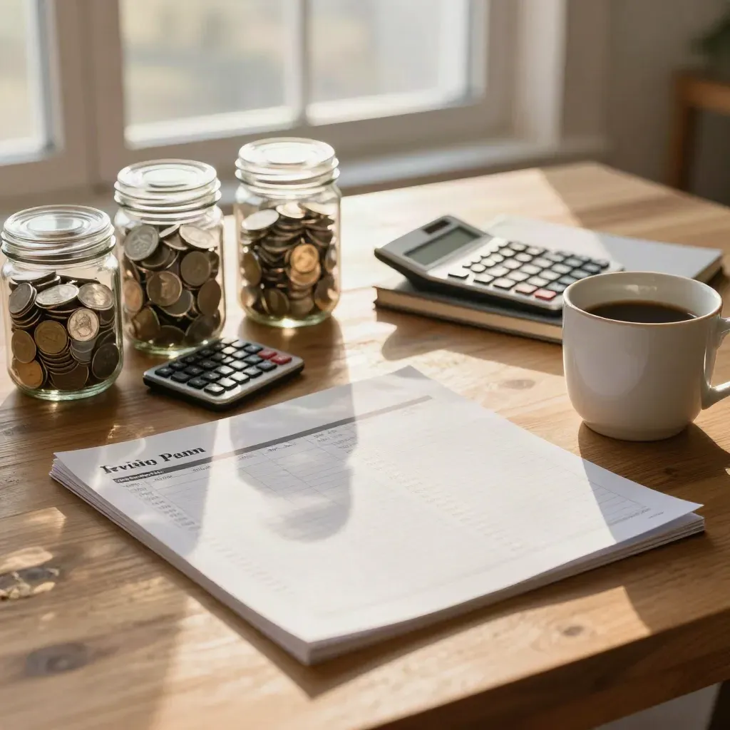 Breakfast budget scene with calculator, coin jars, notebook and mug on warm wood in soft daylight.