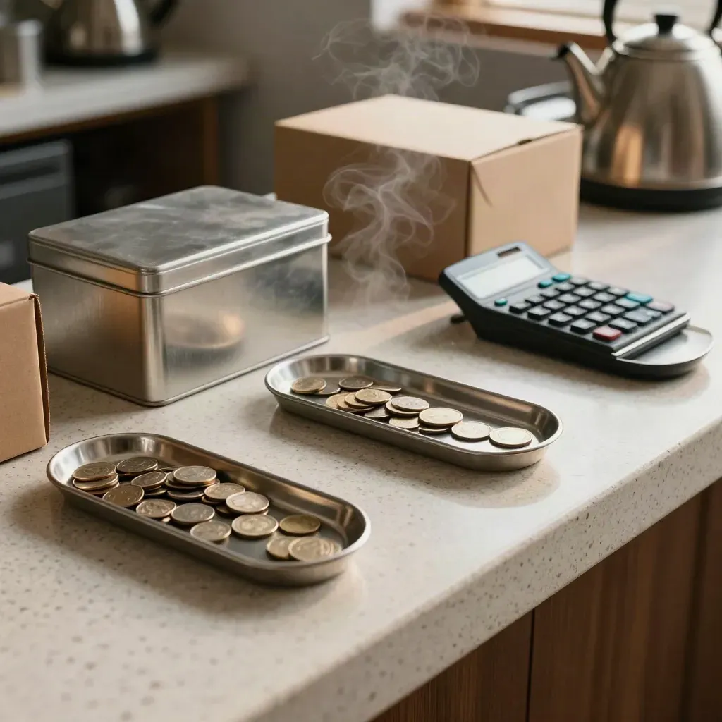 Coins tipped into trays beside a cash tin, calculator and stock boxes in a back-room counter scene.