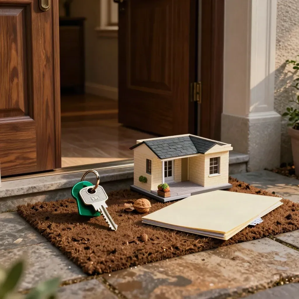 Entryway console with house key, model terrace, folder, packing paper and damp boot mat.
