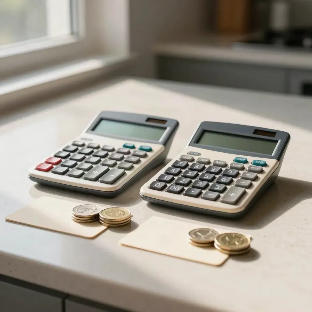 Two calculators, card sleeves and coin stacks on pale stone in soft daylight.