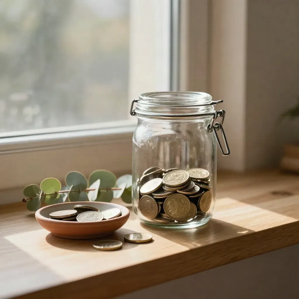 Glass savings jar with coins, ceramic dish and eucalyptus on a pale wood shelf.