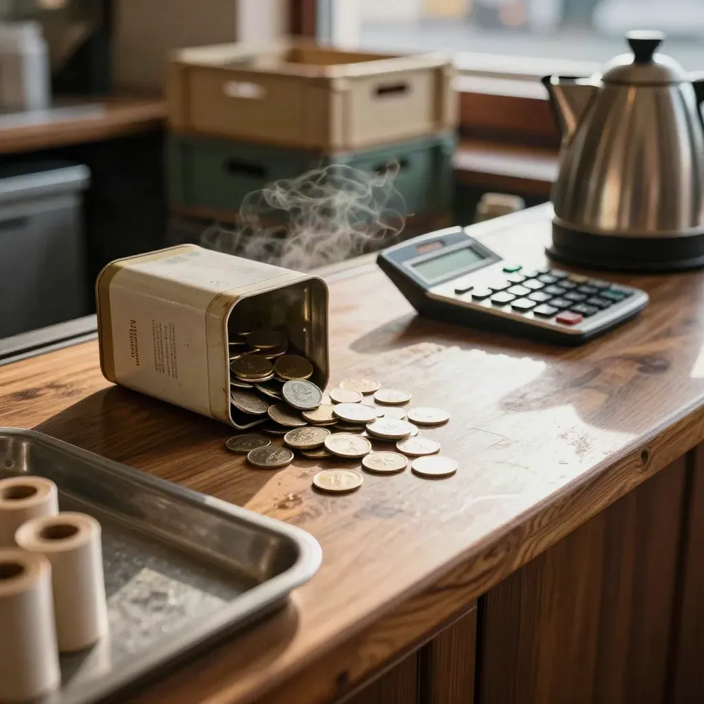 Café cash tin and coin tray with steam, calculator and stock crates on a warm counter.