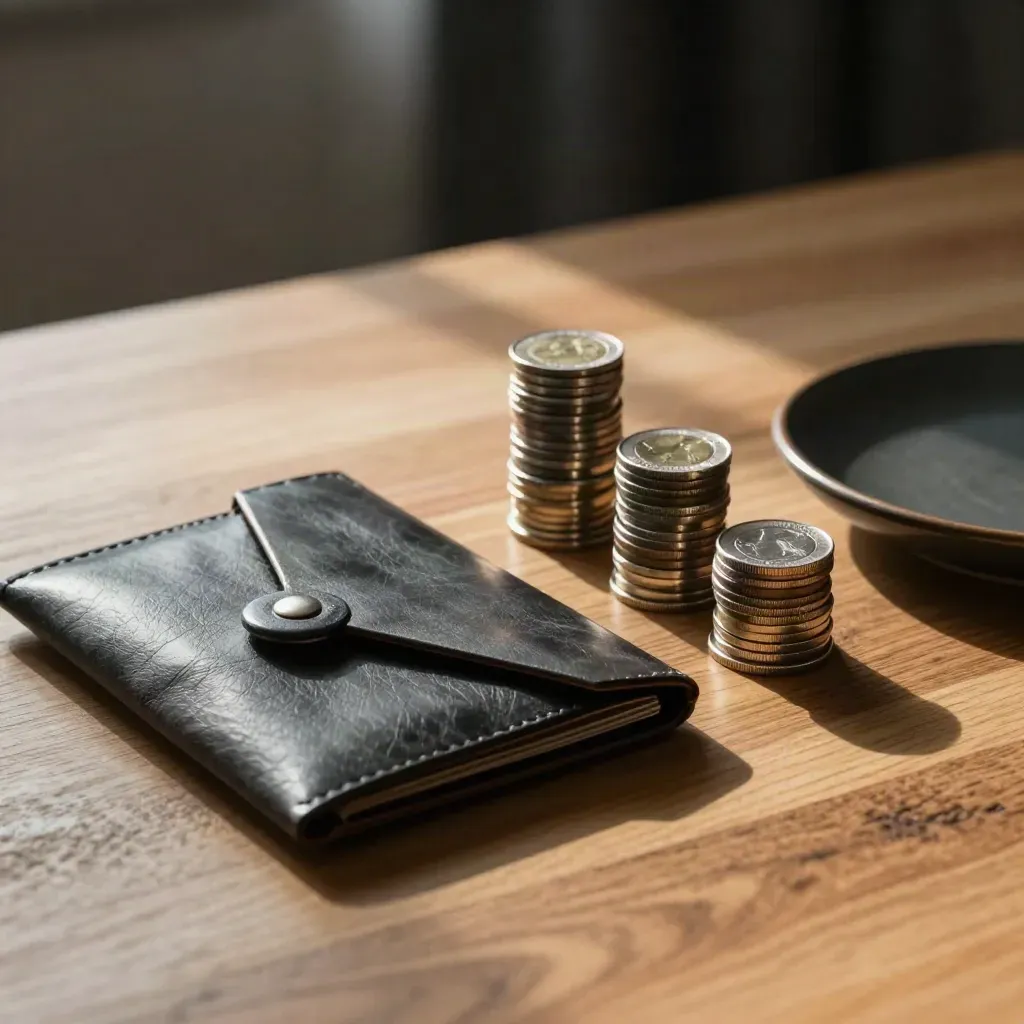 Diagonal top-down still life of coin stacks, a sealed wallet and ceramic dish on warm oak.
