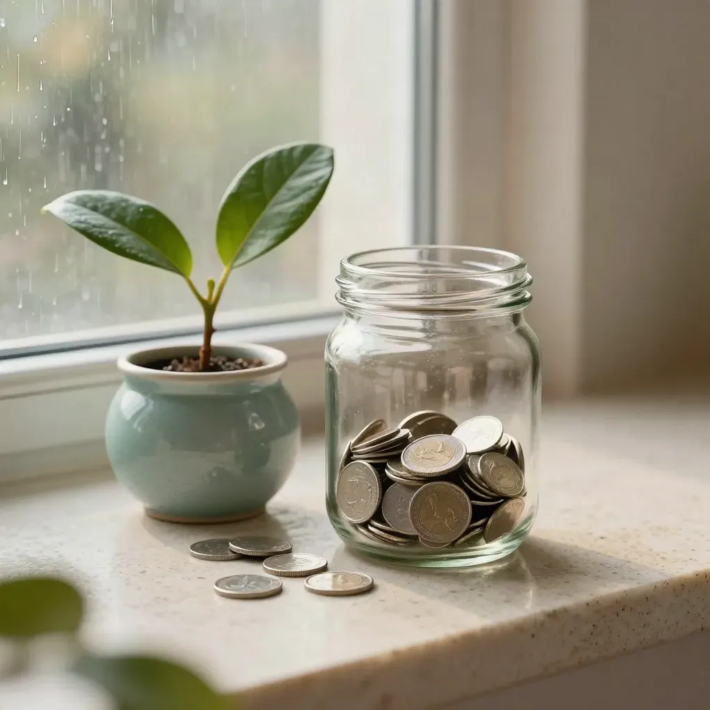Glass savings jar with coins beside a small teal pot and leafy plant on pale stone in rainy light.