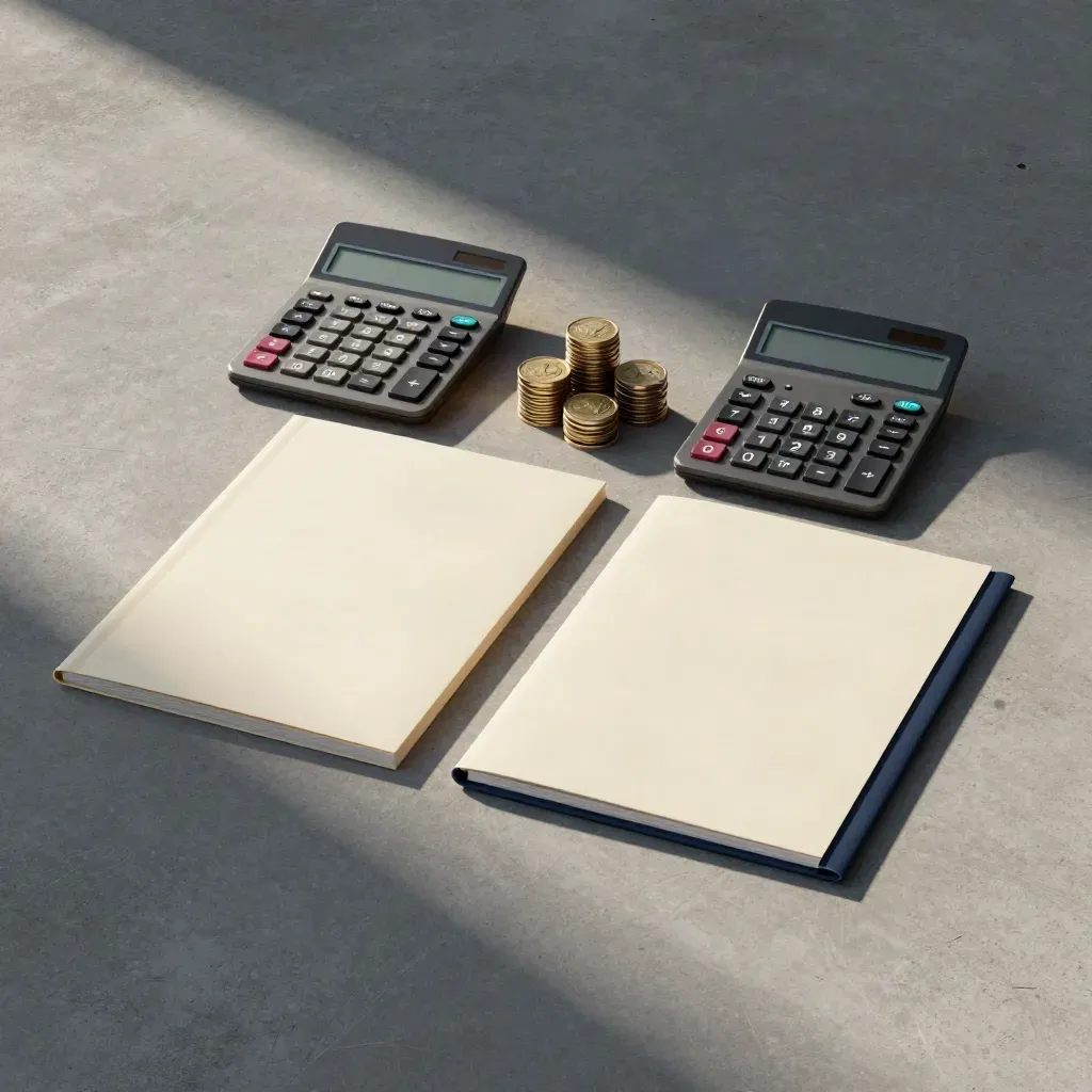 Overhead scene of calculators, coin stacks, and blank folders on concrete