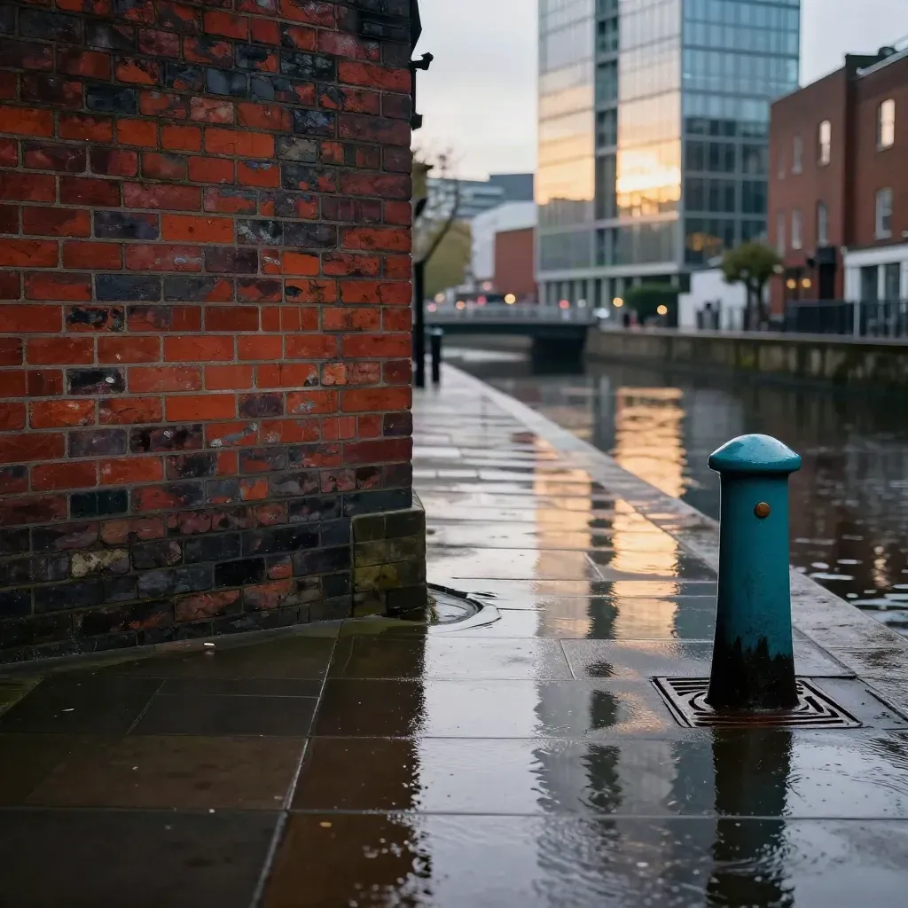 Rain-slick UK street corner with brick wall, canal edge and tower reflections.
