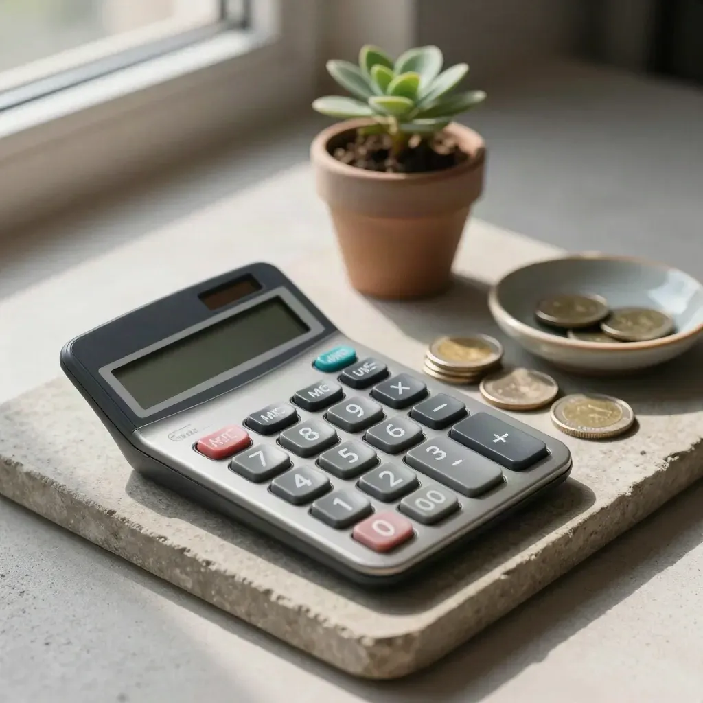 Graphite calculator, coin stack, tiny potted plant and ceramic dish on stone tray
