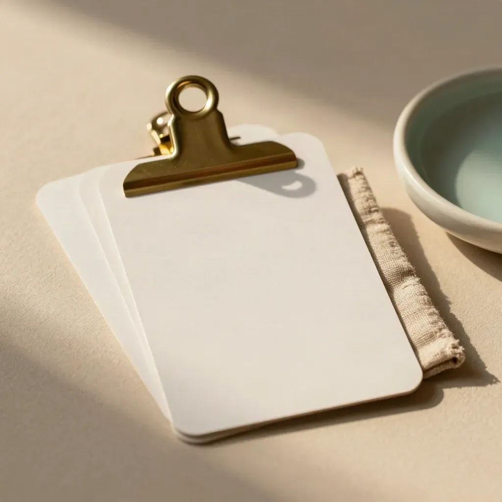 Three blank card sleeves, brass clip, linen square and ceramic dish on warm plaster.