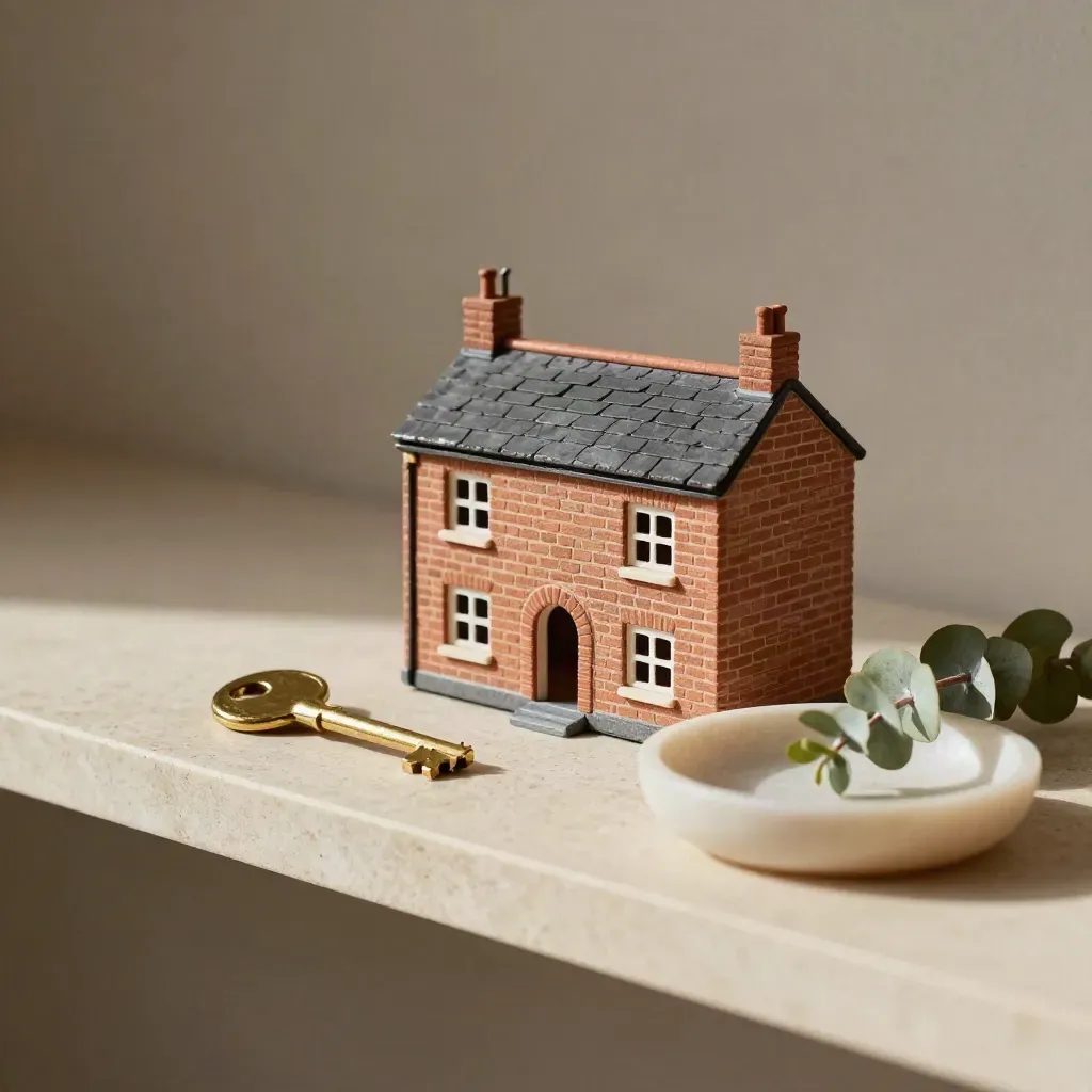 Mini terraced house model with brass key, stone dish and eucalyptus on a limestone shelf.