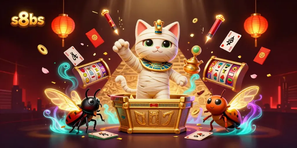 Experience thrilling gameplay with s8bs, featuring a mummy cat amidst spinning slot reels.
