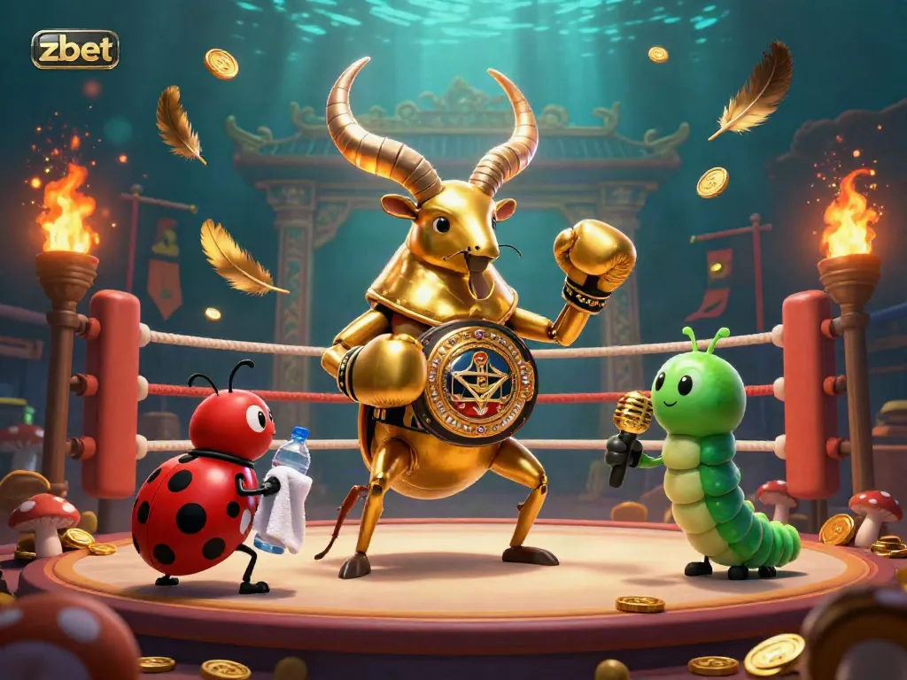 Experience the thrilling action at zbet as a golden stag beetle faces off, surrounded by gold coins and betting tokens.