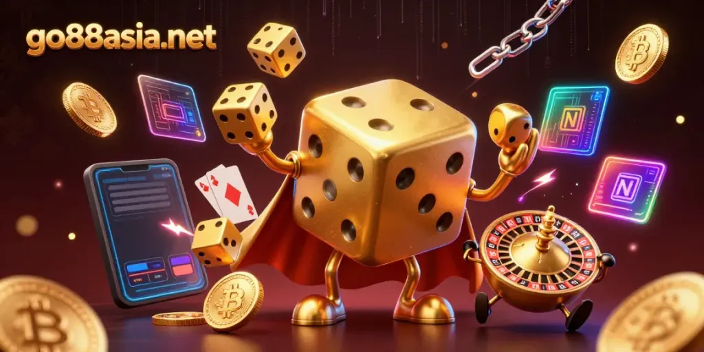 Experience luck at go88asia net with a vibrant 3D casino scene featuring a golden dice golem and crypto elements.
