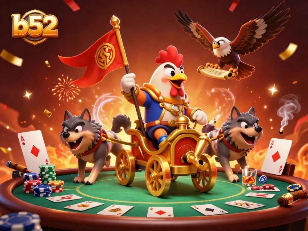 Join the b52 gambling adventure with a cartoon rooster warlord in a vibrant casino scene.