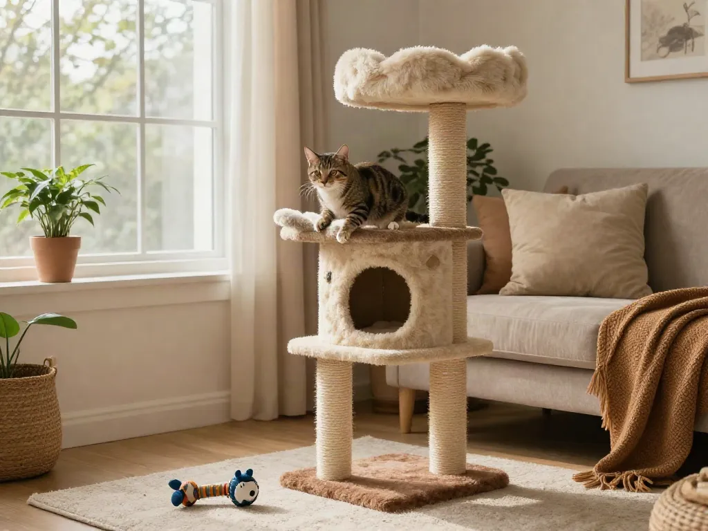 Engaging scene of a cat cat tree in a cozy living room with a tabby cat playing.