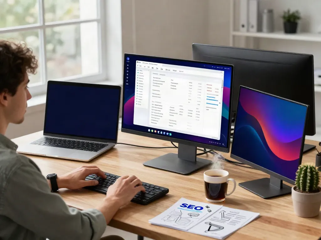 Marketing expert analyzing instant indexing strategies in a vibrant office.
