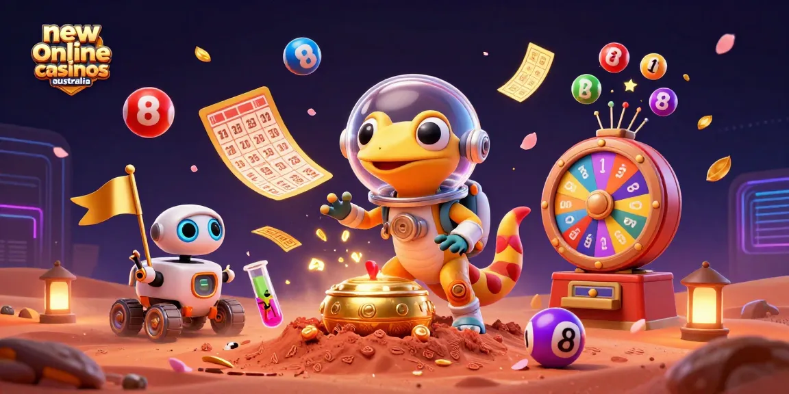 Explore thrilling new online casinos Australia with Martian gecko and robot in a vibrant cosmic scene.